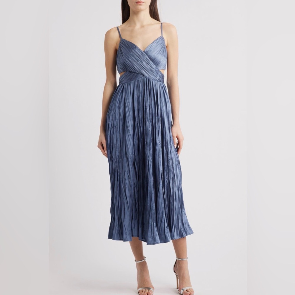 Lulu's Slate Blue Crinkle Midi Dress with Twisted Bodice